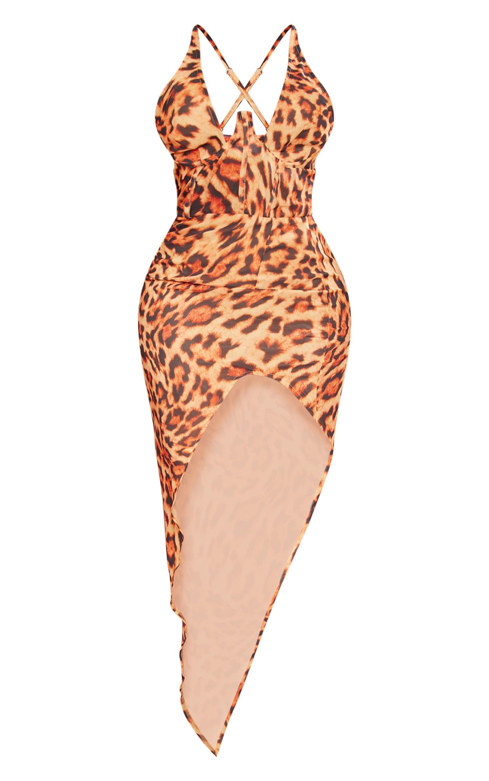 Shape Brown Leopard Printed Chiffon Corset Detail Asymmetric Hem Midi Dress Product Image