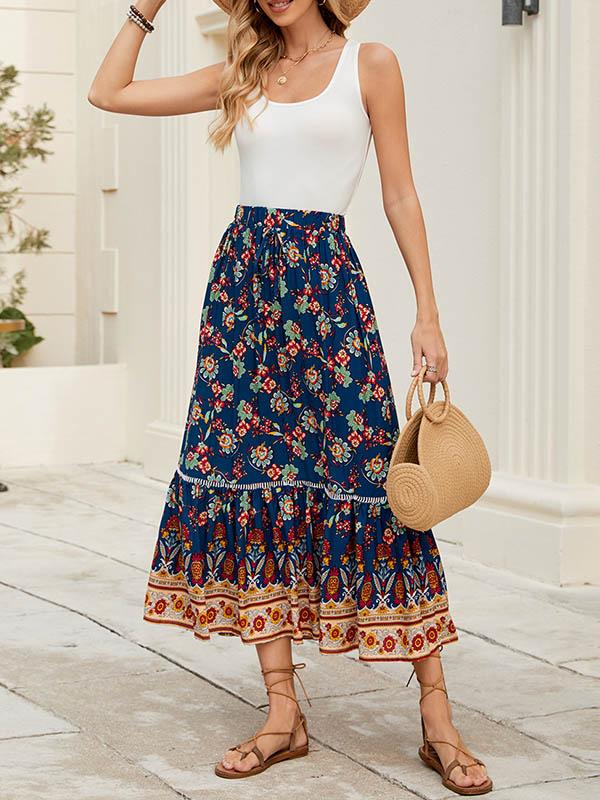 Loose Elasticity Flower Print Pleated Split-Joint Skirts Bottoms Product Image