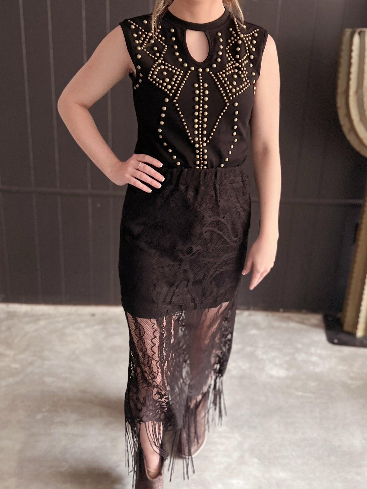 L&B Black Lace Lined Long Skirt With Frayed Hem Product Image