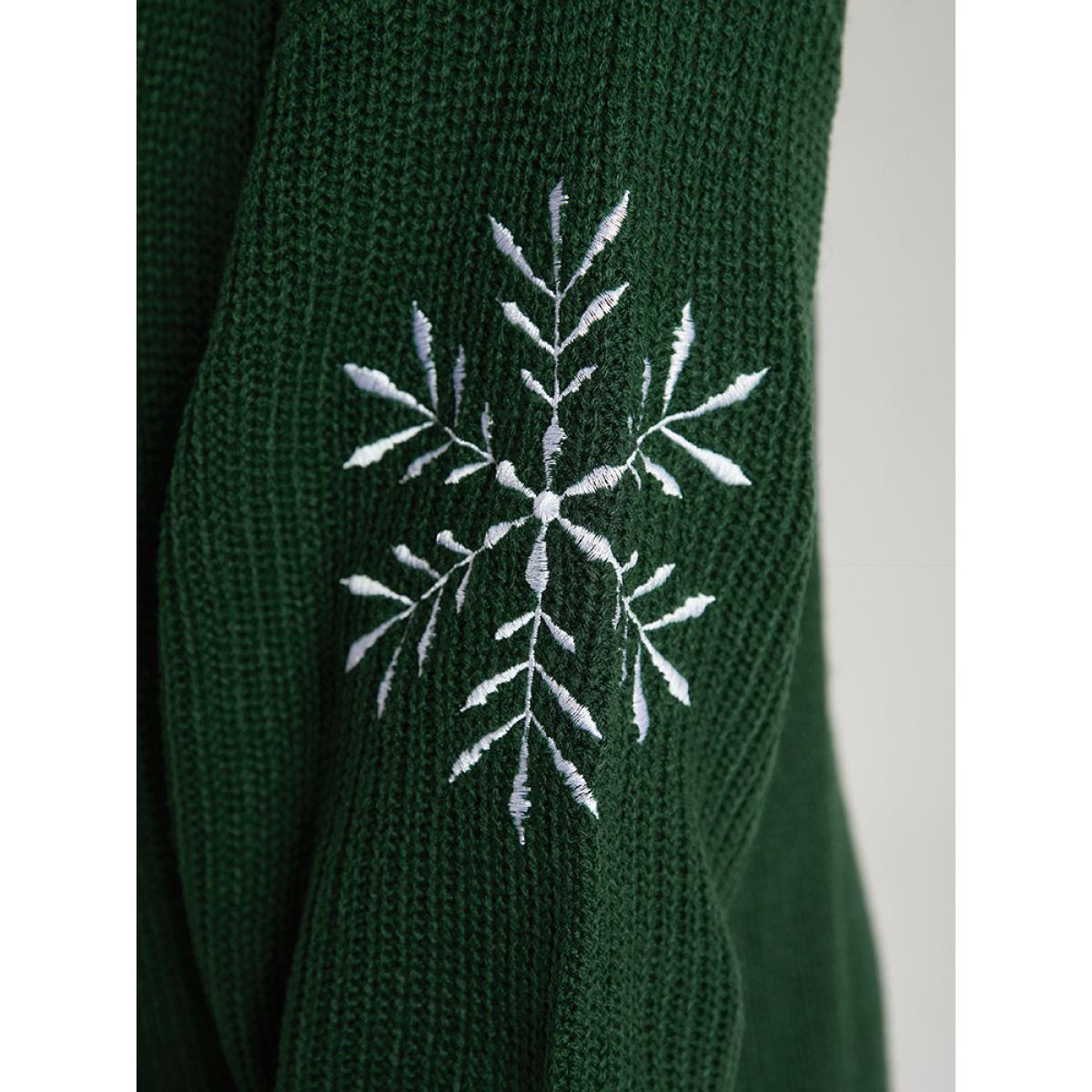 Plus Size Snowflake Embroidered Patched Pocket Cardigan DarkGreen Women Casual Loose Long Sleeve Festival-Christmas Cardigans BloomChic 22-24/3X Product Image