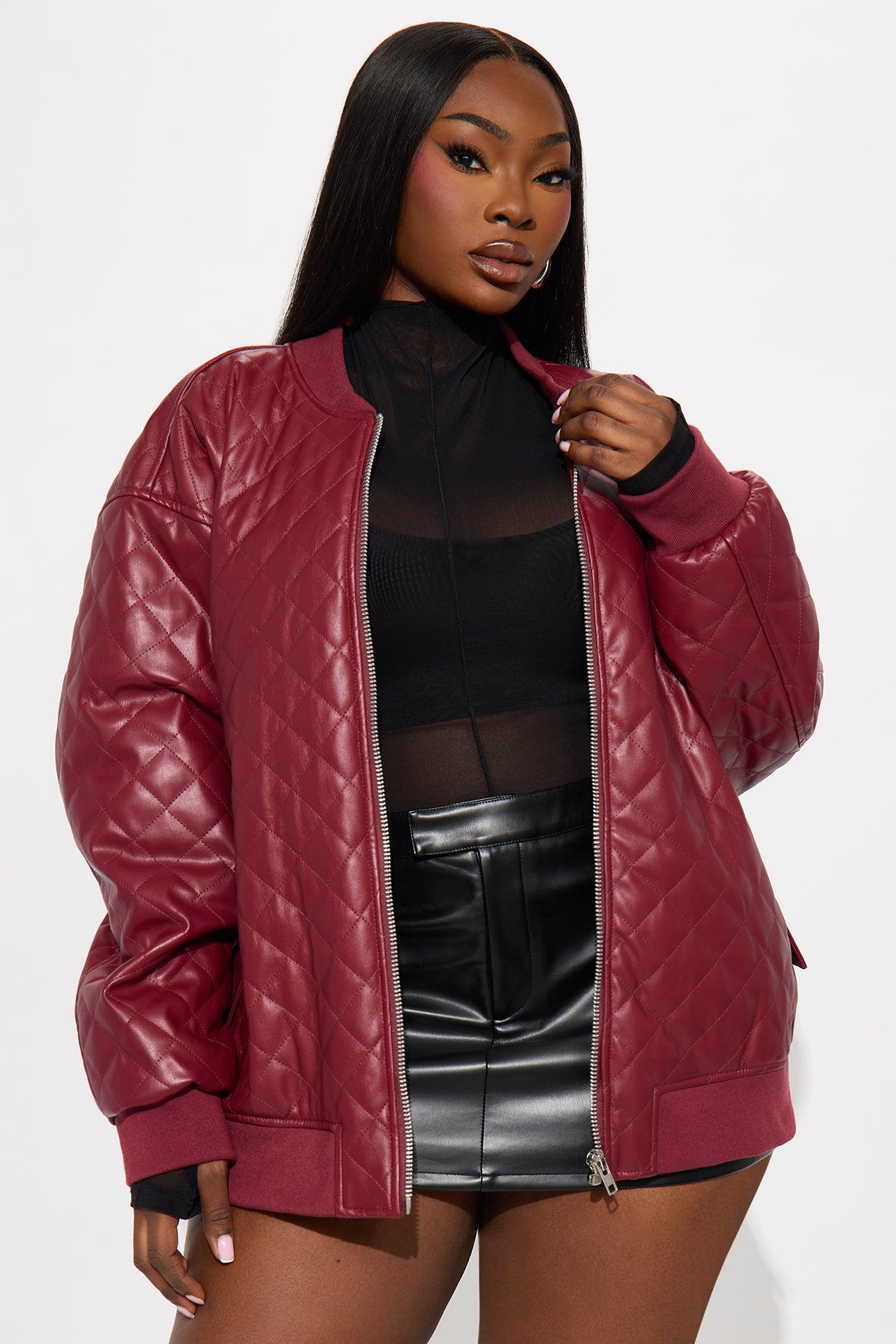 Around The Way Quilted Faux Leather Bomber Jacket - Burgundy Female Product Image