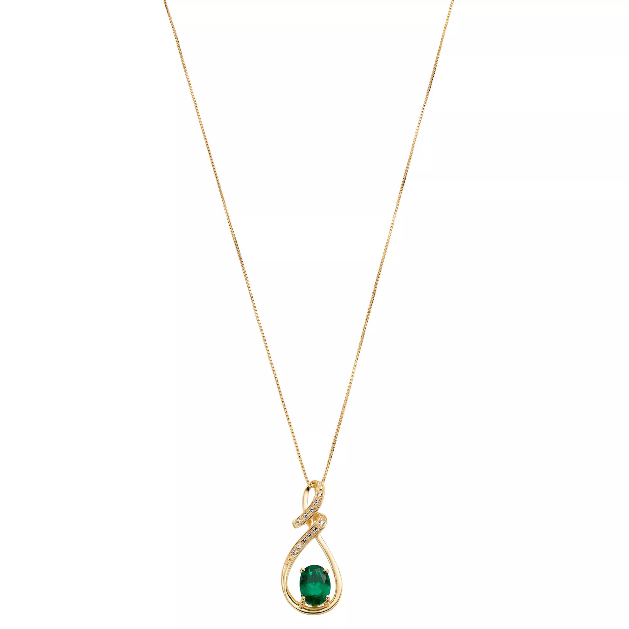 14k Gold Over Silver Lab-Created Emerald & Lab-Created White Sapphire Pendant Necklace, Women's, Size: 18", Green Product Image