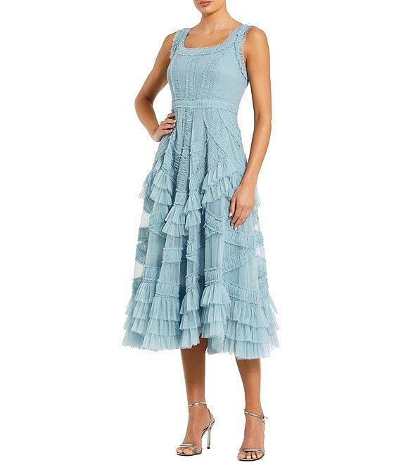 Mac Duggal Scoop Neck Sleeveless Micro Ruffle Mesh Aline Midi Dress Product Image