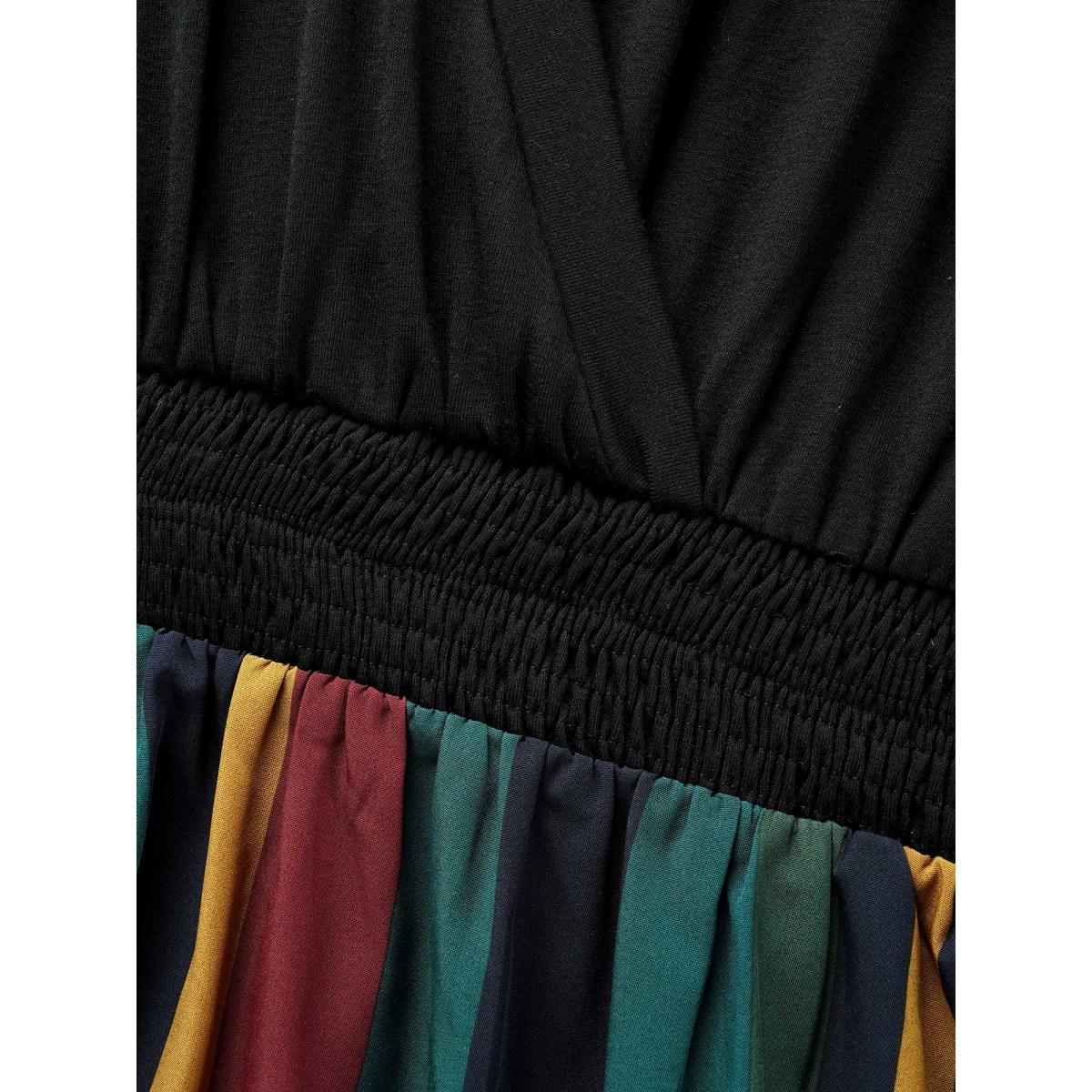 Plus Size Striped Overlap Collar Shirred Midi Dress Black Women Workwear Essentials Patchwork Overlap Collar Short sleeve Curvy BloomChic 18-20/2X Product Image