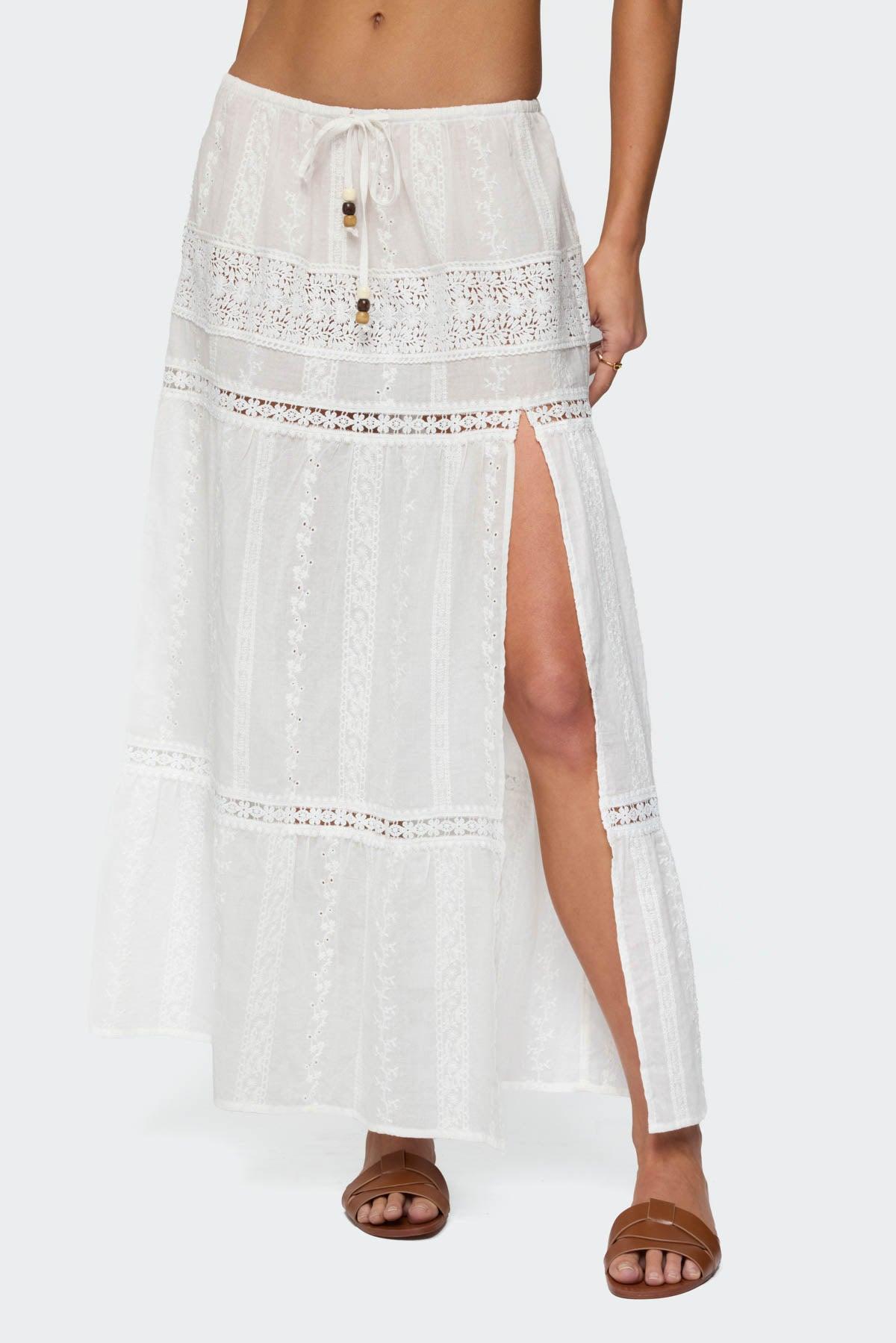 Embroidered Cotton Lace Slitted Maxi Skirt Product Image