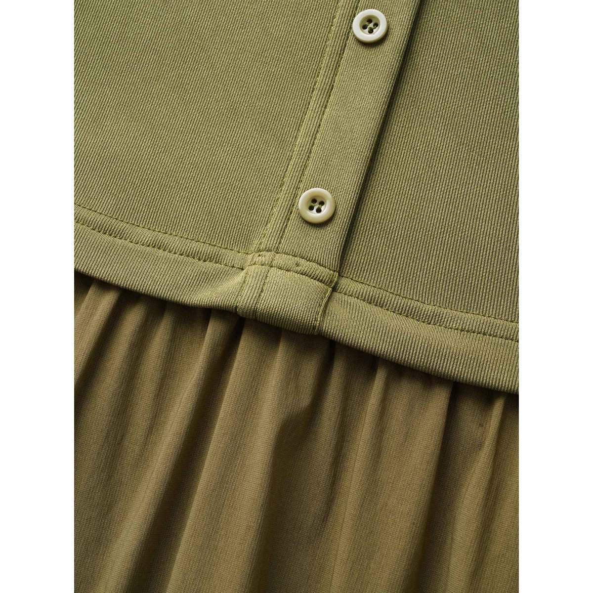 Plus Size Stretch Woven Waist-Cinching Midi Dress Olive Women Work From Home Patchwork Shirt collar Short sleeve Curvy BloomChic 18-20/2X Product Image