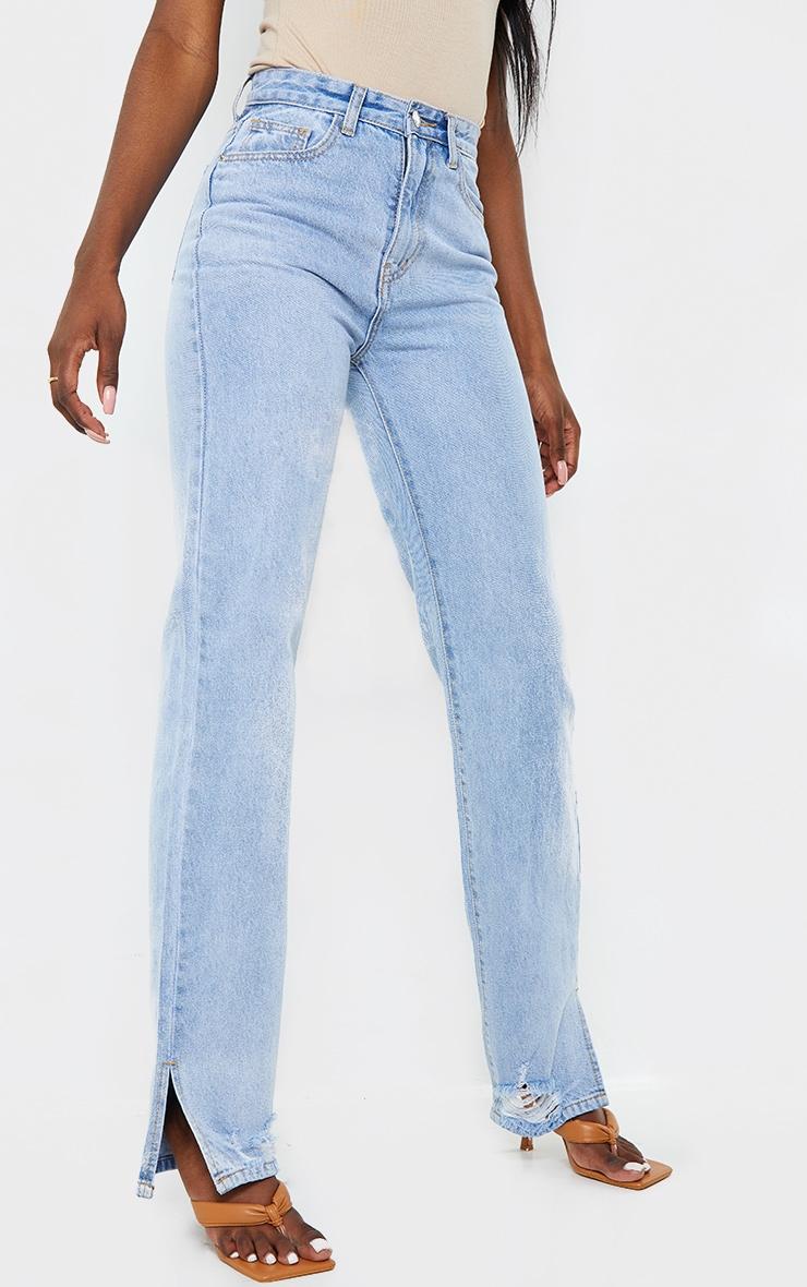 Tall Light Blue Wash Ripped Split Hem Straight Leg Jeans Product Image