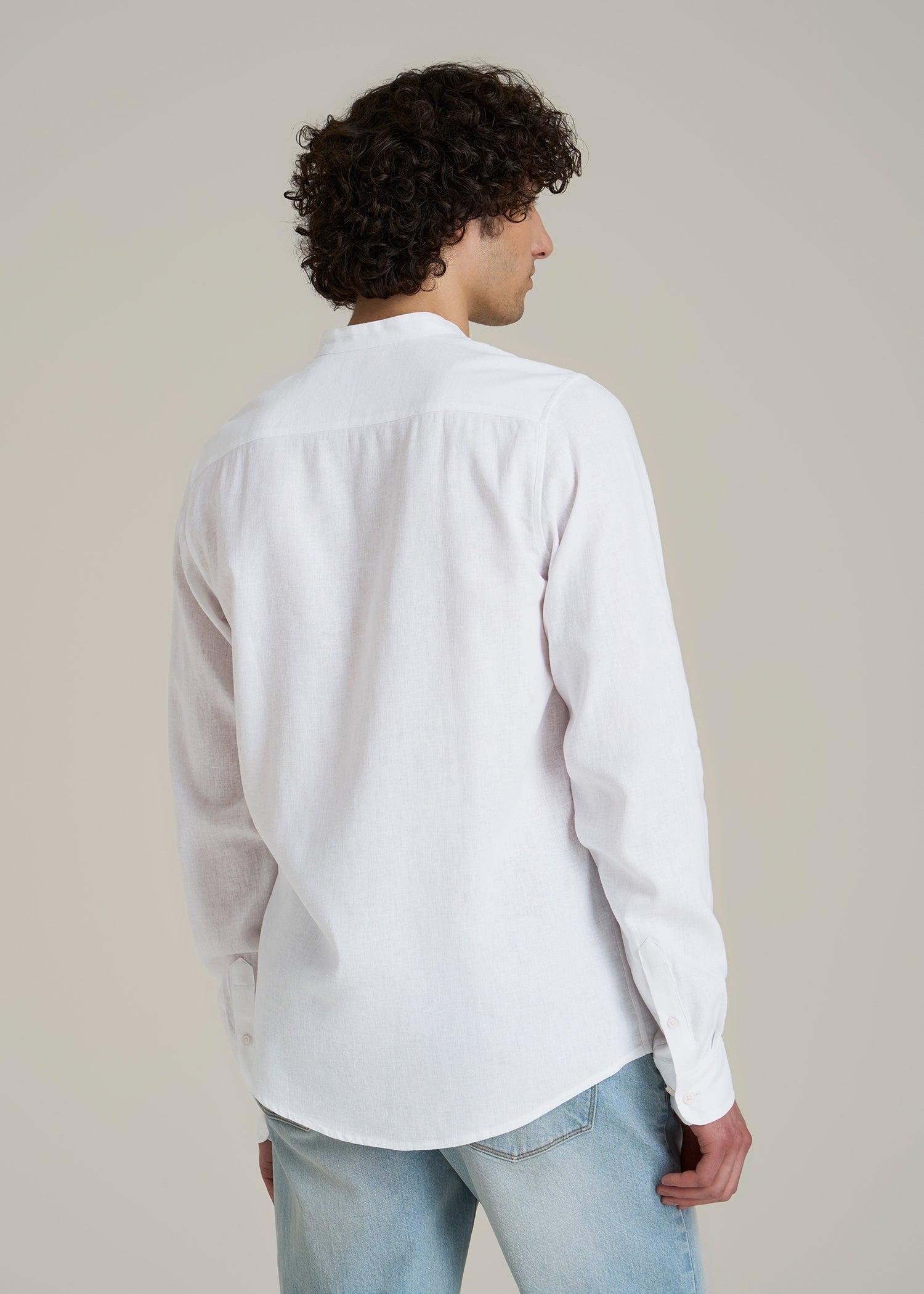 Band Collar Linen Button Shirt for Tall Men in Optic White Male Product Image