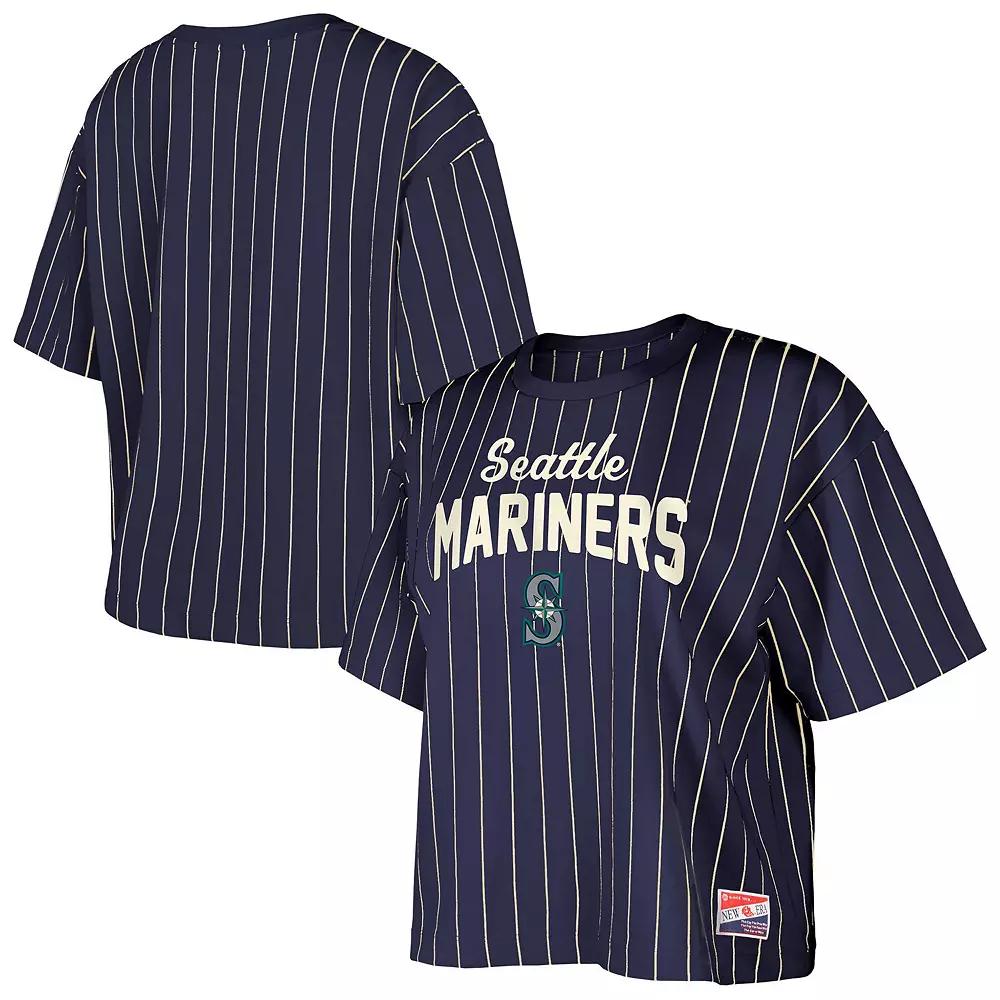 Women's New Era Navy Seattle Mariners Cooperstown Collection Multiplier Pinstripe Cropped T-Shirt, Size: Medium, Blue Product Image