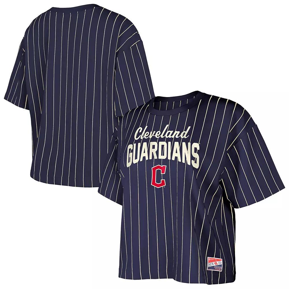 Women's New Era Navy Cleveland Guardians Cooperstown Collection Multiplier Pinstripe Cropped T-Shirt, Size: Large, Grd Blue Product Image