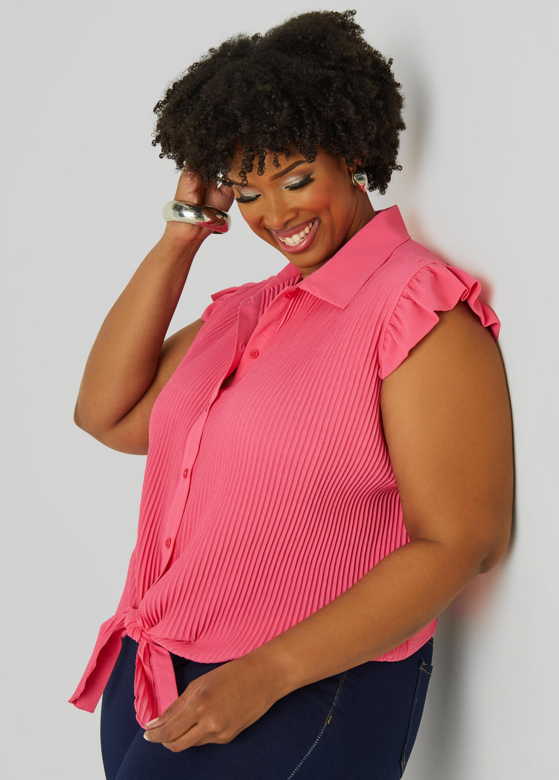 Plus Size Pleated Tie Front Shirt Ashley Stewart Product Image