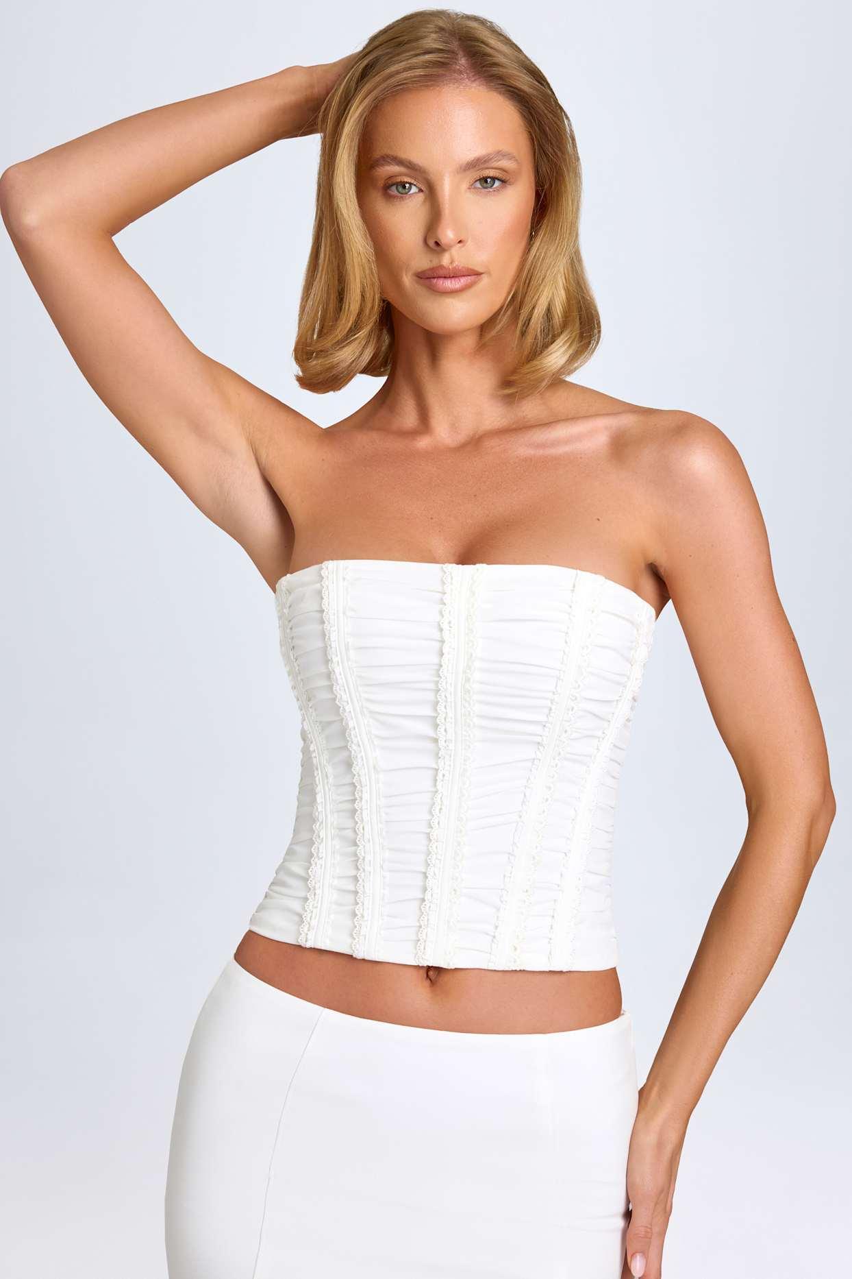 Ruched Lace-Up Corset Top in White Product Image