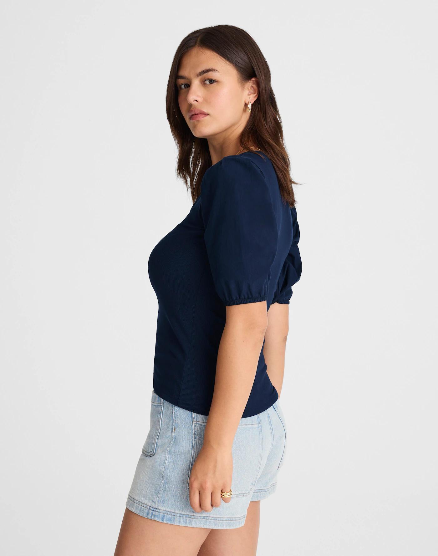 Puff-Sleeve Henley Knit Top Product Image