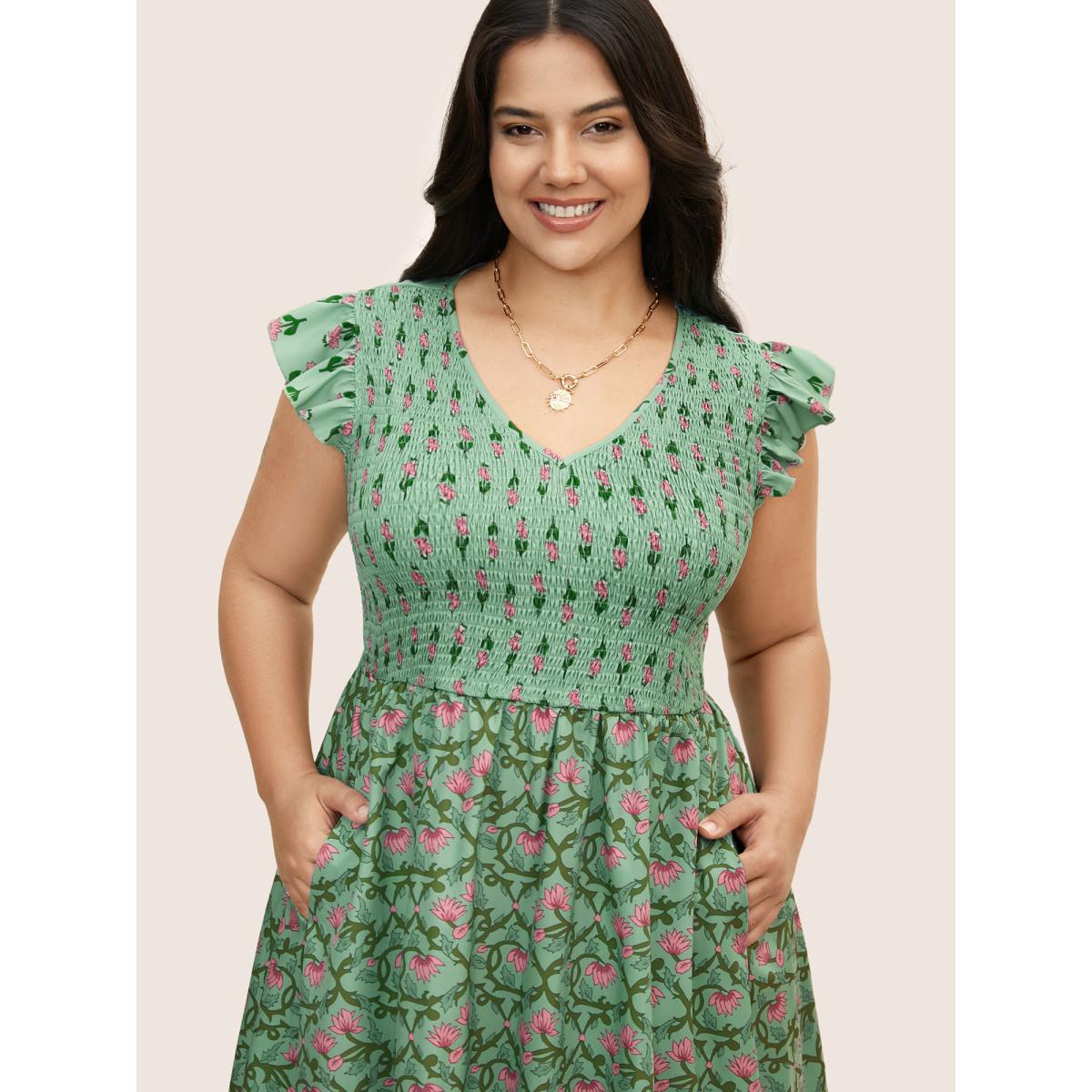 Plus Size Boho Print Shirred Ruffle Cap sleeve Dress Palemauve Women Resort Shirred V-neck Cap Sleeve Curvy BloomChic 22-24/3X Product Image