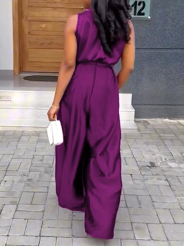 Loose Sleeveless Solid Color Deep V-Neck Jumpsuits Product Image