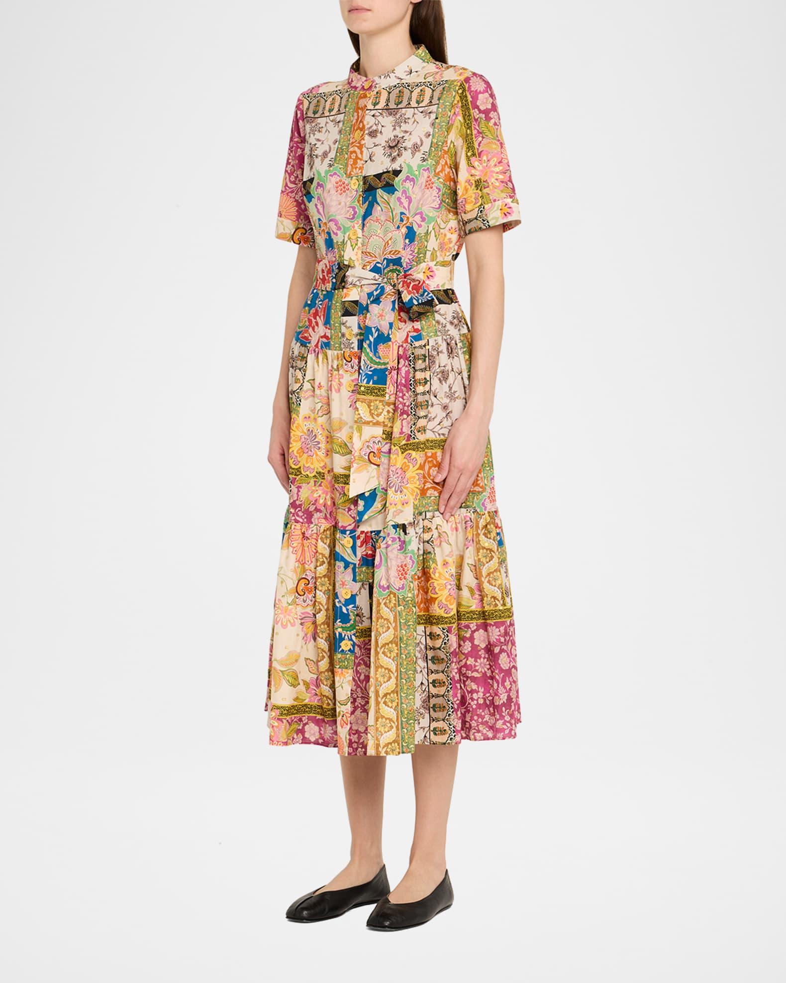Tiered Patchwork Floral-Print Midi Shirtdress Product Image