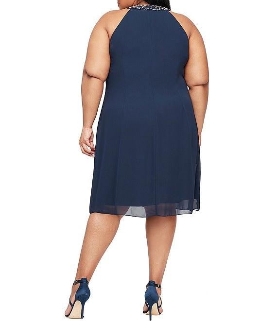 Ignite Evenings Plus Size Braid Bead Halter Neck Sleeveless Ruffle Chiffon Dress Product Image