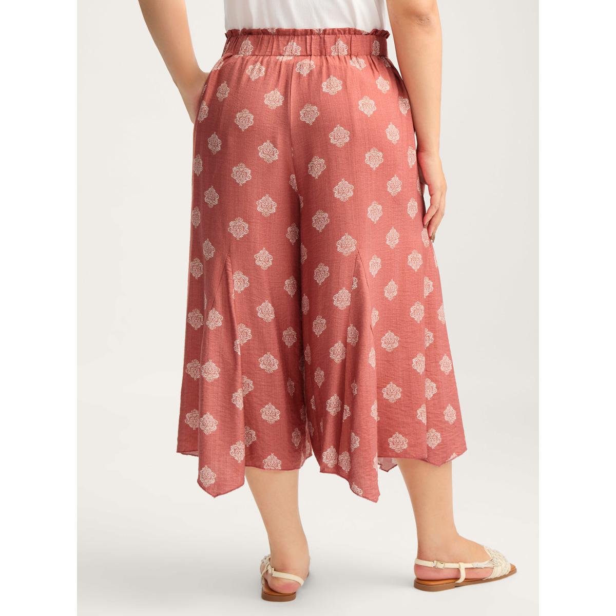 Plus Size Boho Print Irregular Hem Flare Pants Women Crepe Boho Bootcut Mid Rise Vacation Pants BloomChic 12/L Product Image