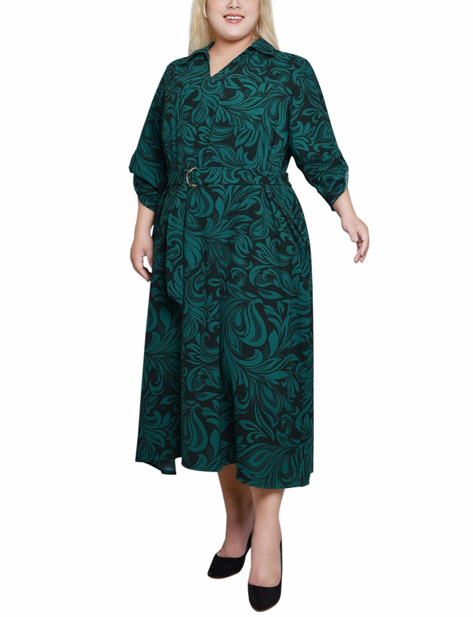 Emerald Multi 3/4 Roll Tab Belted Dress - Plus Product Image
