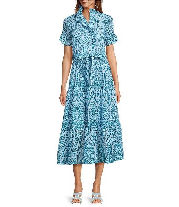 Abbey Glass Sadie Eyelet Short Ruffle Sleeve Self Tie Tiered Skirt A-Line Midi Dress Product Image