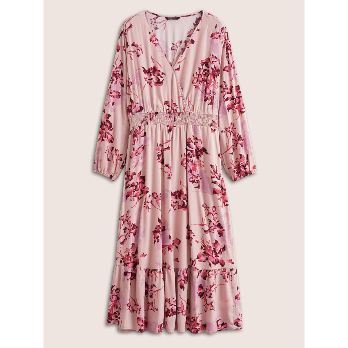 Plus Size Floral Print Surplice Neck Ruffle Layered Hem Dress Pink Women Elegant Non Overlap Collar Long Sleeve Curvy Midi Dress BloomChic 18-20/2X Product Image