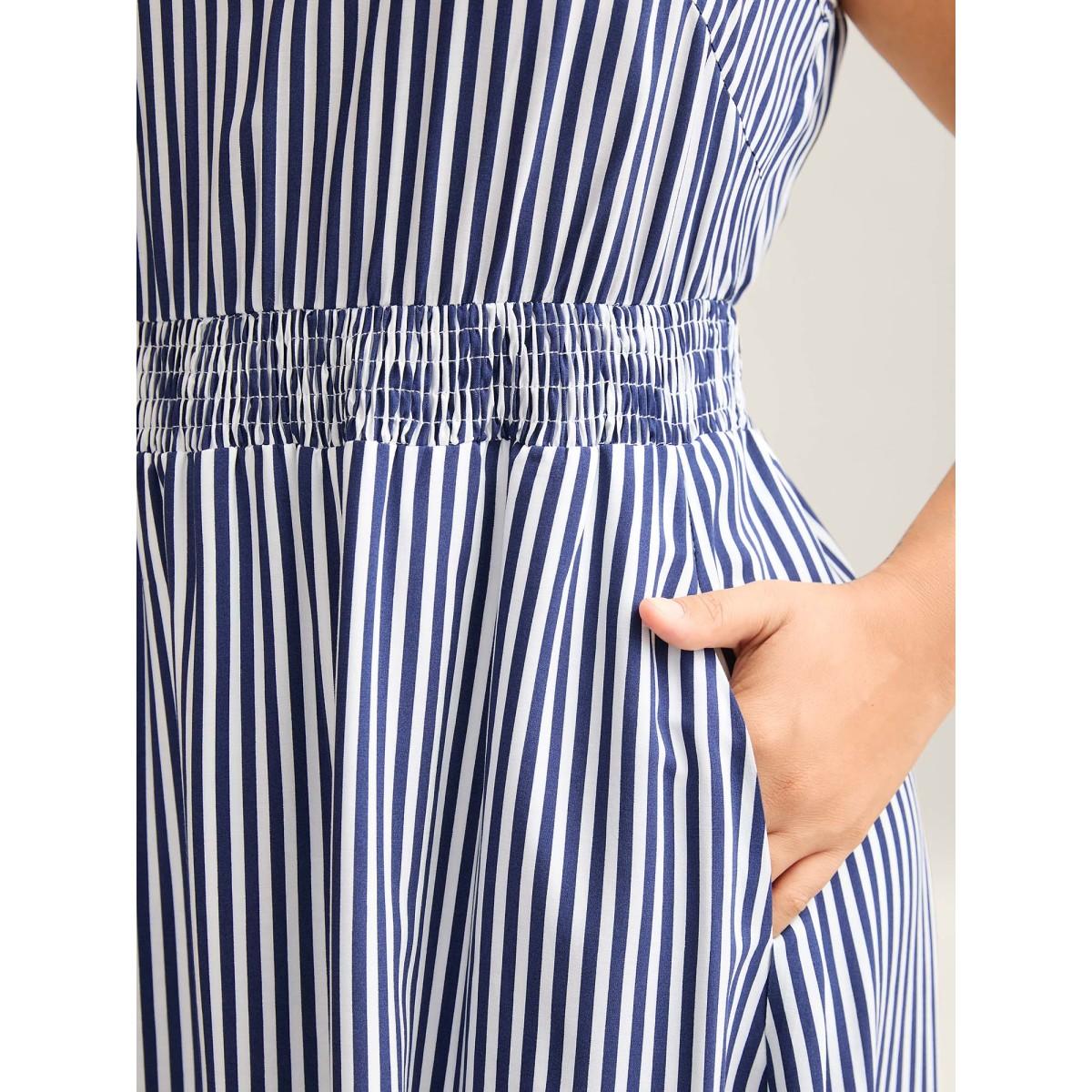 Plus Size Stripes Cinched-Waist Floral Hem Maxi Dress DarkBlue Women Resort V-neck Sleeveless Curvy BloomChic 28/5X Product Image