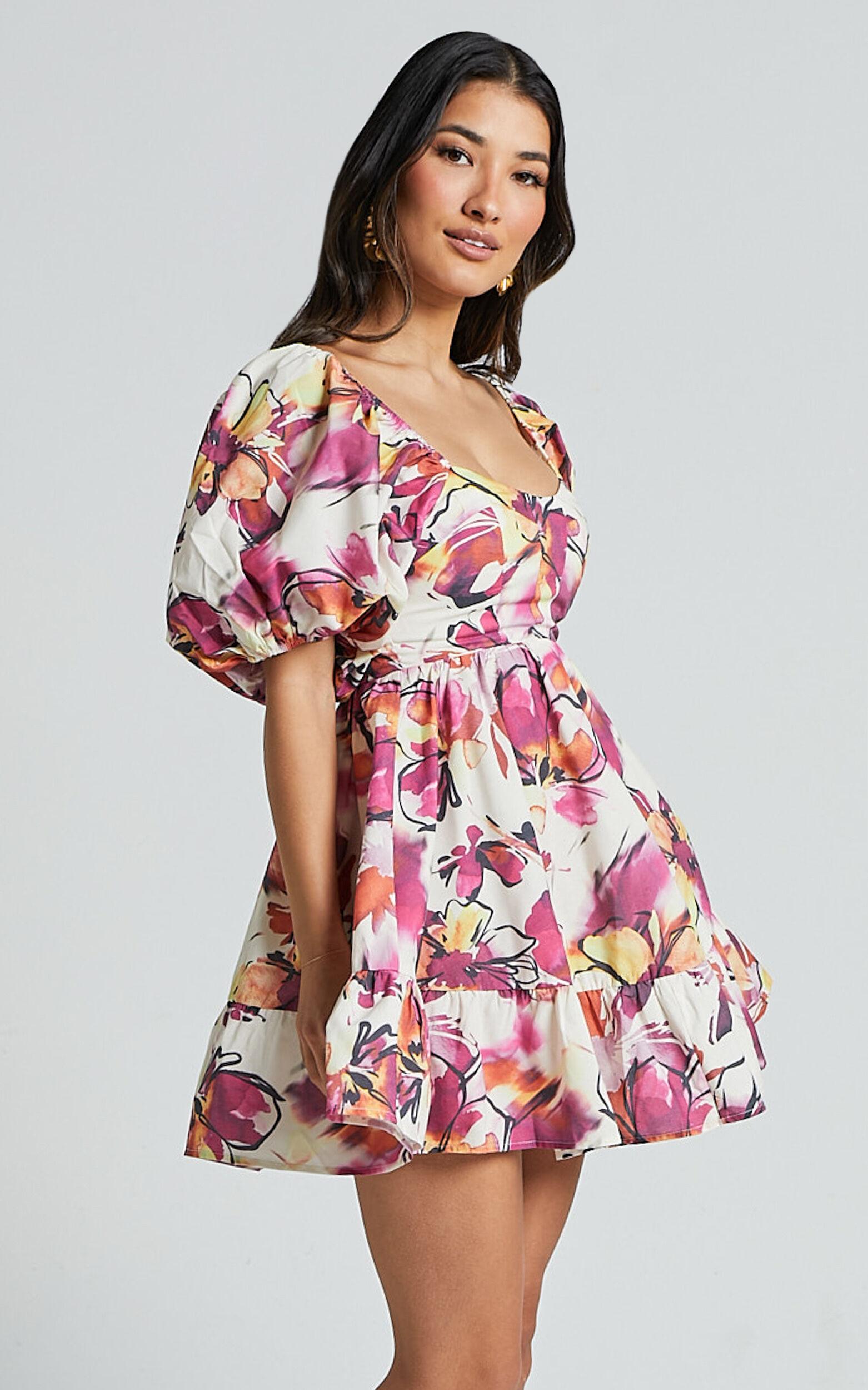 Gretchen Mini Dress - Puff Sleeve Babydoll Dress in Dahlia Dusk Floral Product Image