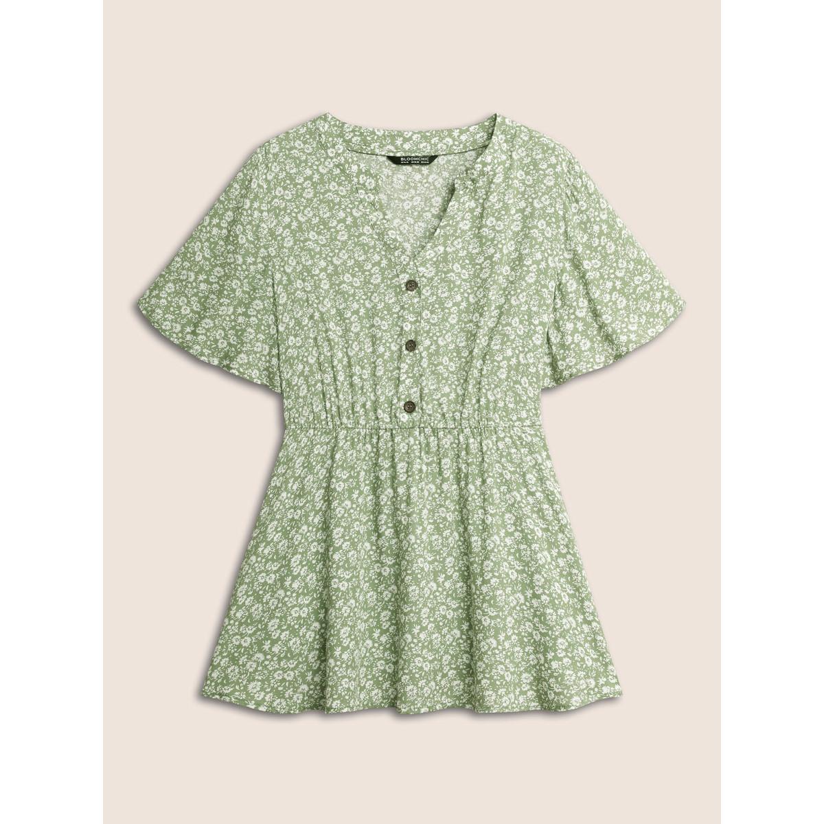 Plus Size Mint Ditsy Floral Notched Button Detail Blouse Women Elegant Short sleeve V-neck Everyday Blouses BloomChic 12/L Product Image