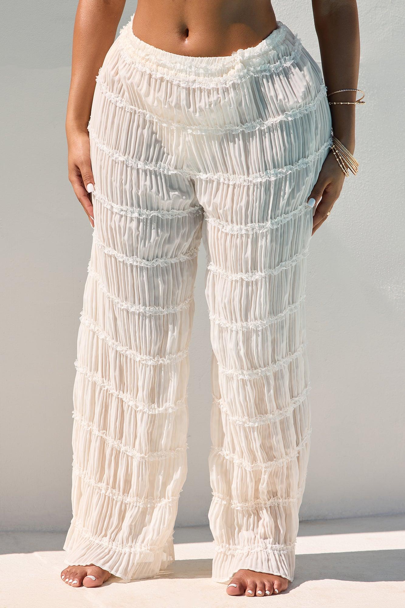 Evangelina Coquette Pleated Ruffle Cover Up Pants - Ivory Product Image