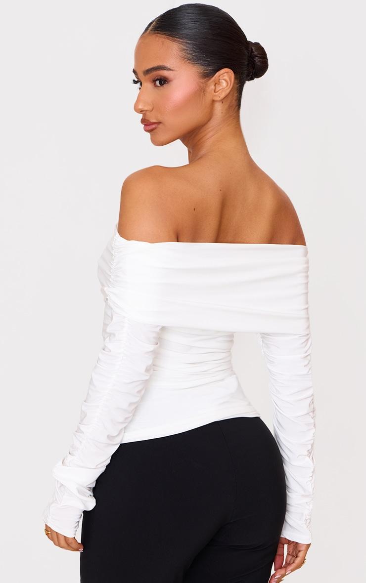 Petite Cream Double Slinky Asymmetric Bardot Long Sleeve Top Product Image