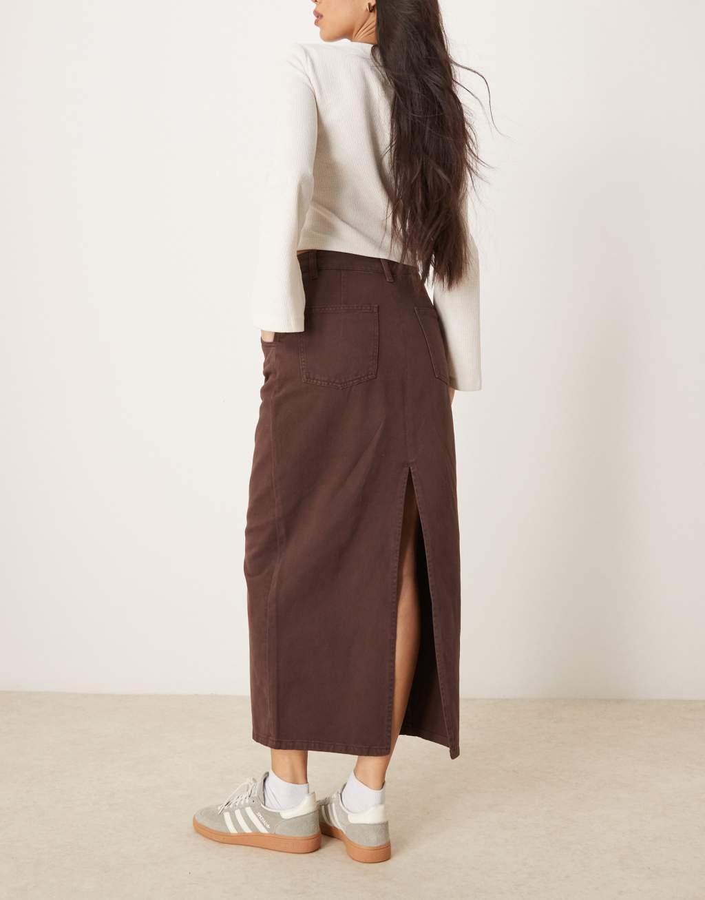 ASOS DESIGN denim maxi skirt with back slit in brown tint Product Image