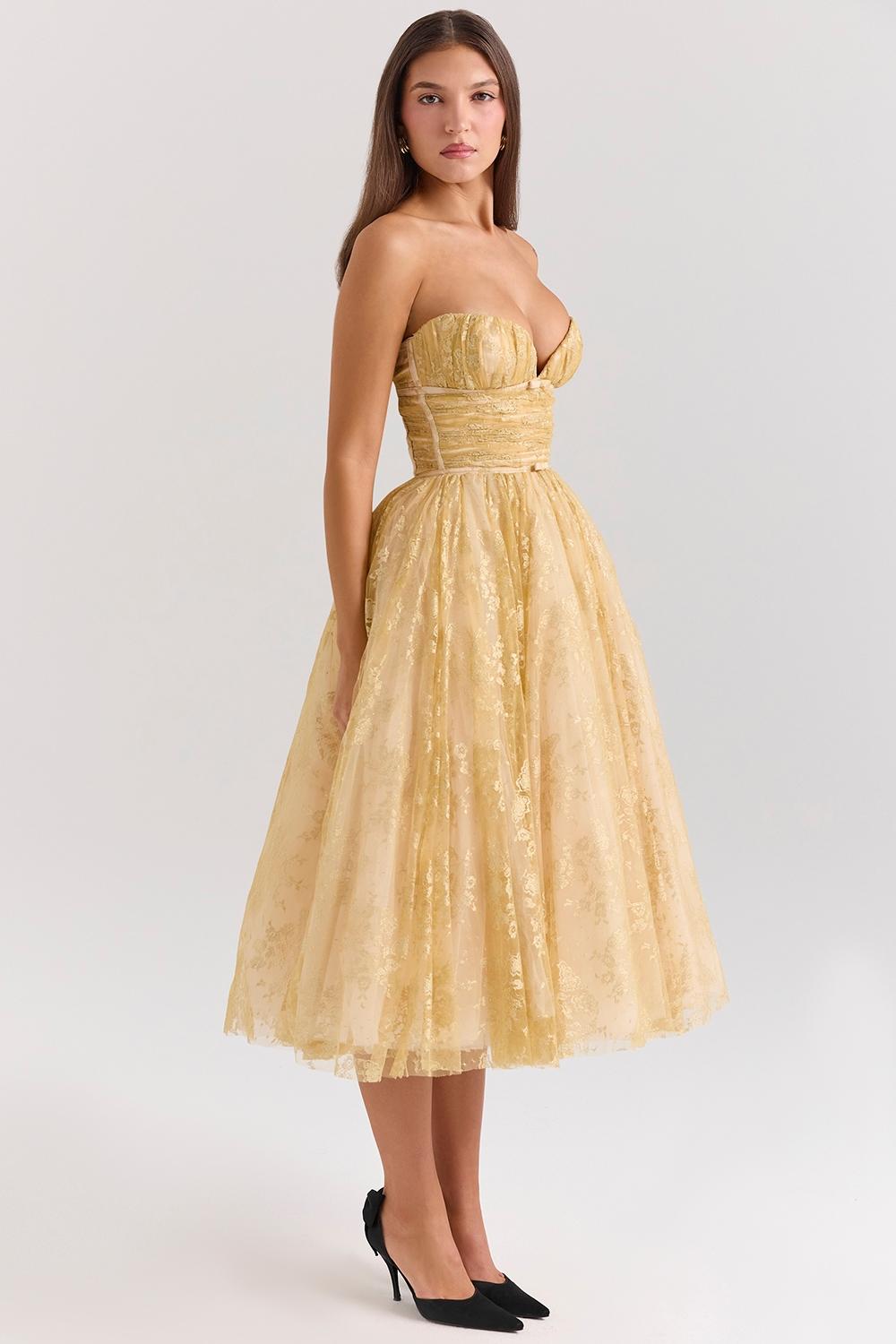 Madame  gold metallic lace tulle midi gown Product Image