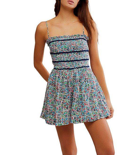 Free People Bali Checked Out Printed Smocked Square Neck Sleeveless Romper Product Image