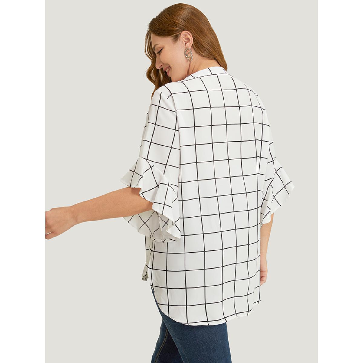 Plus Size White Plaid Notched Button Up Ruffle Sleeve Split Hem Blouse Women Office Elbow-length sleeve Notched collar Office Blouses BloomChic 28/5X Product Image