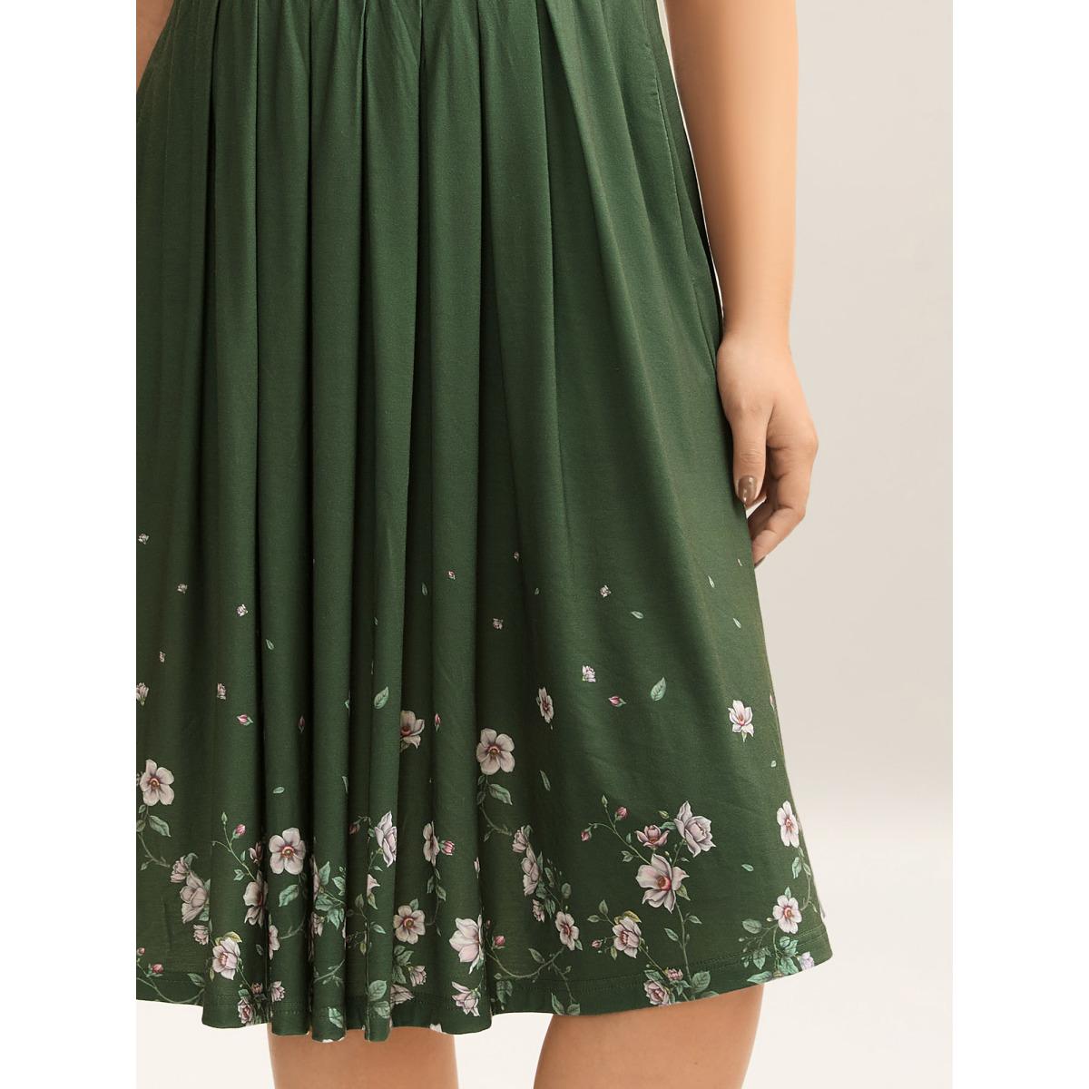 Plus Size Floral Hem Print Cinched-Waist Midi Dress Moss Women Round Neck Sleeveless Curvy BloomChic 10/M Product Image