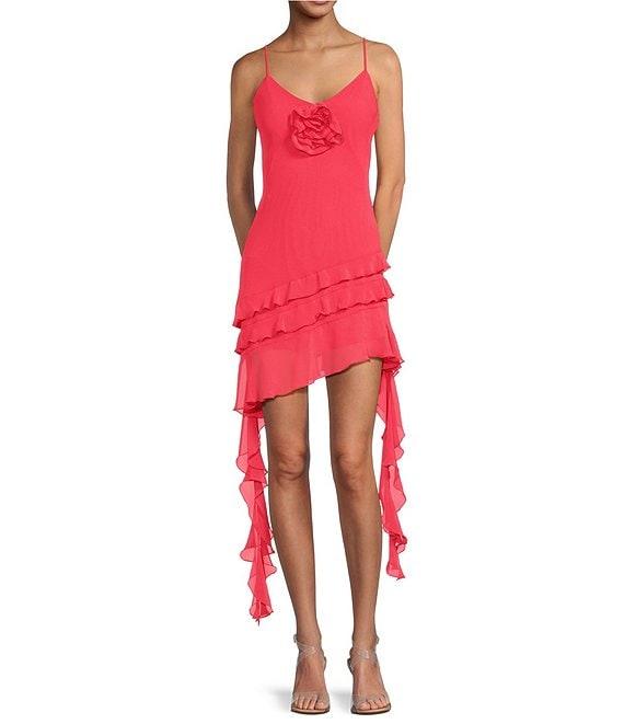 Gianni Bini Belle Rosette Sweetheart Neck Sleeveless Ruffle Chiffon Mini Dress Product Image