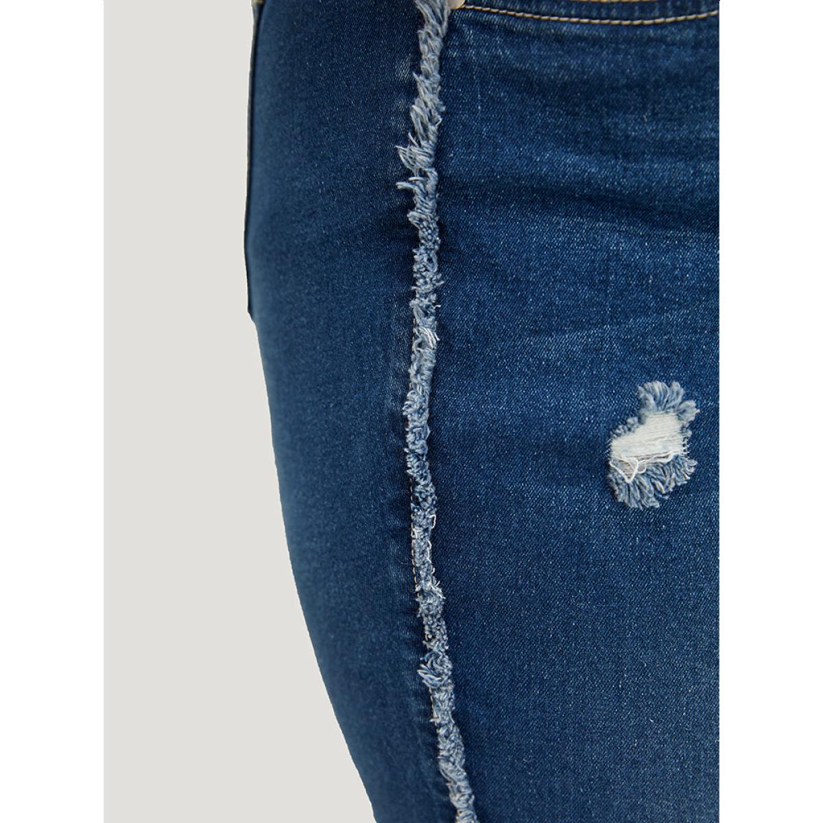 Plus Size Very Stretchy High Rise Medium Wash Raw Trim Jeans Women Blue Casual Plain Distressed High stretch Jeans BloomChic 30/6X Product Image