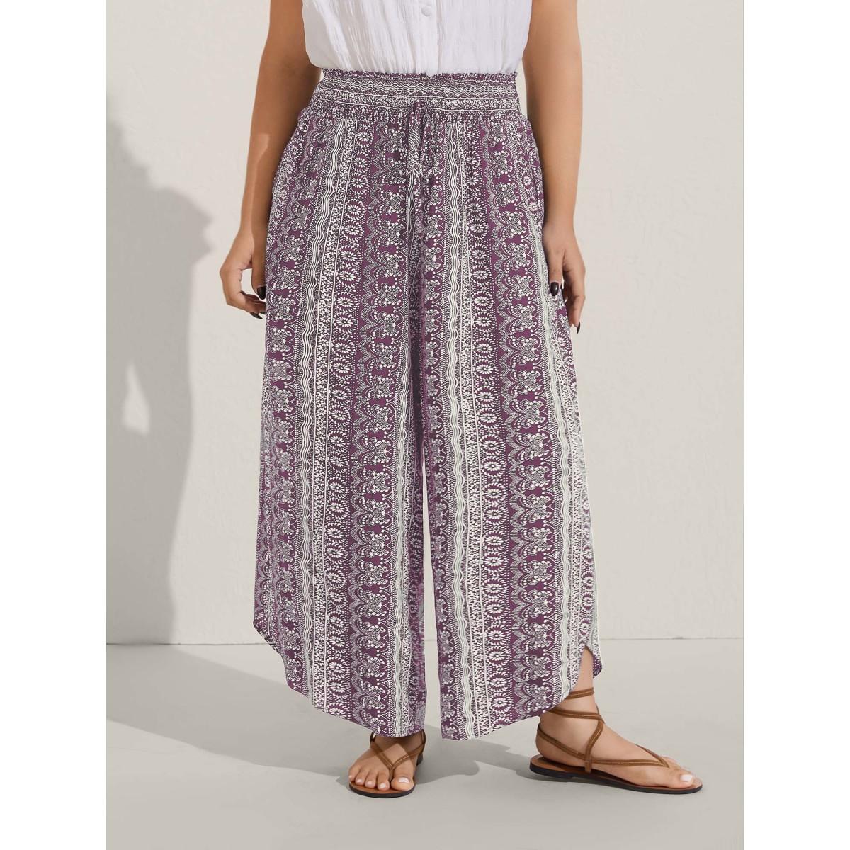 Plus Size Boho Print Shirred Waist Wide-Leg Pants Women Yellowishbrown Boho Wide Leg Mid Rise Vacation Pants BloomChic 22-24/3X Product Image