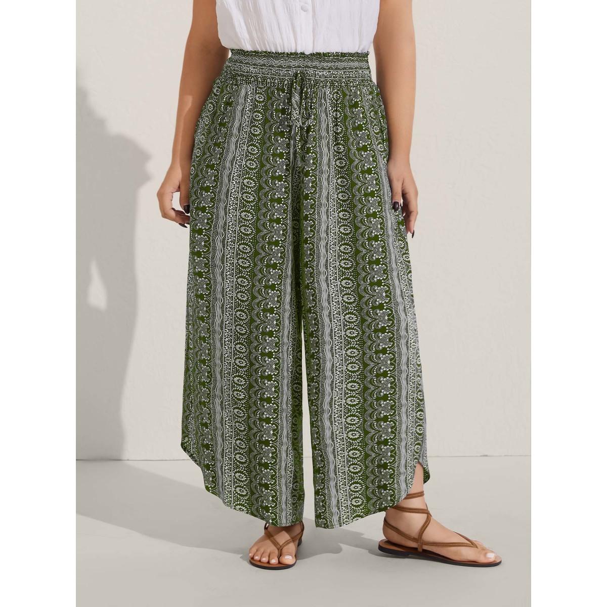Plus Size Boho Print Shirred Waist Wide-Leg Pants Women Moss Boho Wide Leg Mid Rise Vacation Pants BloomChic 30/6X Product Image