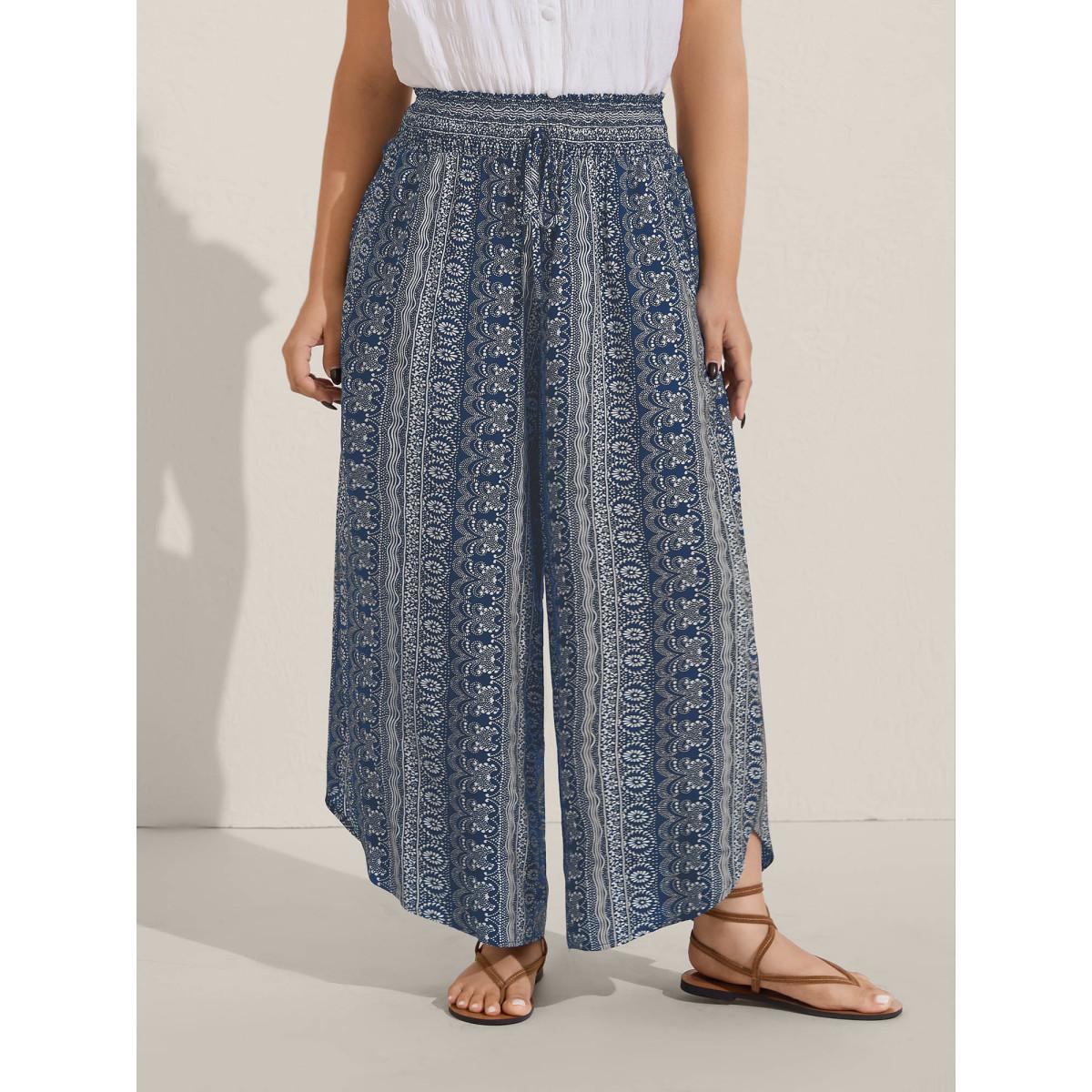 Plus Size Boho Print Shirred Waist Wide-Leg Pants Women Moss Boho Wide Leg Mid Rise Vacation Pants BloomChic 30/6X Product Image
