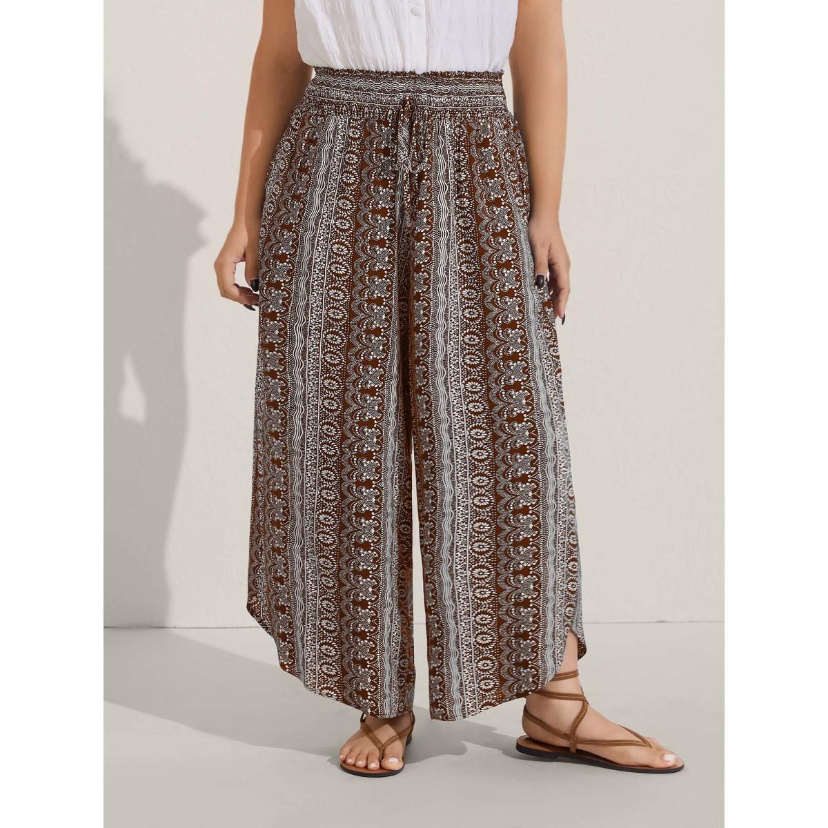 Plus Size Boho Print Shirred Waist Wide-Leg Pants Women Moss Boho Wide Leg Mid Rise Vacation Pants BloomChic 30/6X Product Image