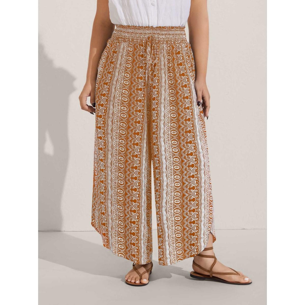Plus Size Boho Print Shirred Waist Wide-Leg Pants Women Yellowishbrown Boho Wide Leg Mid Rise Vacation Pants BloomChic 22-24/3X Product Image