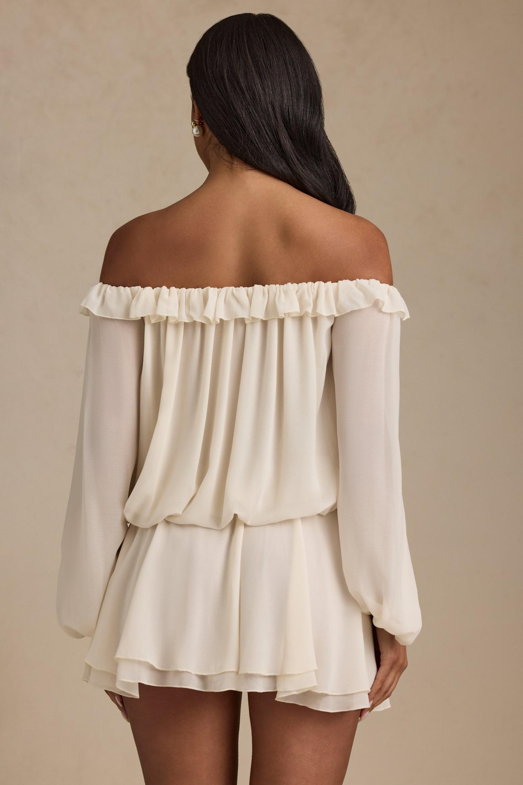 Off-Shoulder Asymmetric Balloon-Sleeve Mini Dress in Ivory Product Image