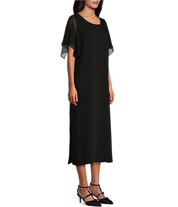 Caroline Rose Georgette Short Flutter Sleeve Matte Crepe Scoop Neck Midi Shift Dress Product Image