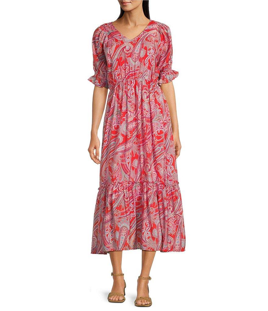 Calessa Modern Paisley V-Neck Elbow Sleeve A-Line Tiered Midi Dress Product Image
