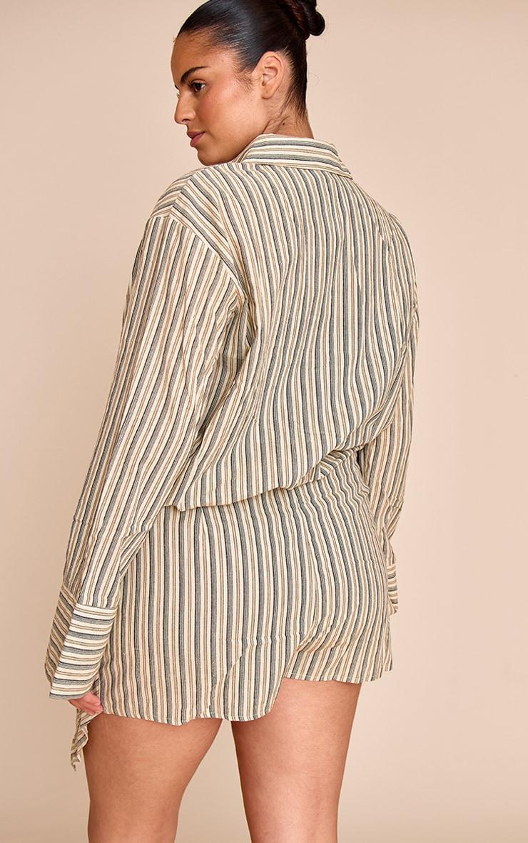 Plus Stone Linen Look Stripe Shirt Style Long Sleeve Skort Romper Product Image