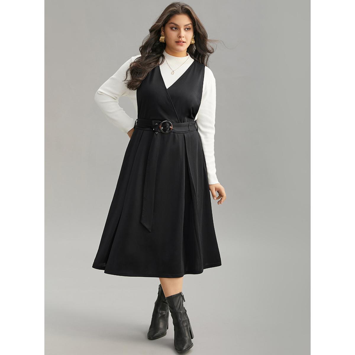 Plus Size Plain Buckle Detail Surplice Neck Tank Dress Black Women Elegant Wrap Overlap Collar Sleeveless Curvy Midi Dress BloomChic 22-24/3X Product Image