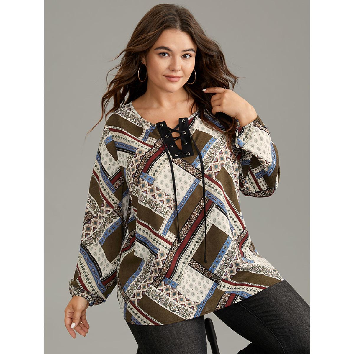 Plus Size Scarlet Moroccan Print Lace Up Lantern Sleeve Blouse Women Vacation Long Sleeve Tie Neck Vacation Blouses BloomChic 10/M Product Image