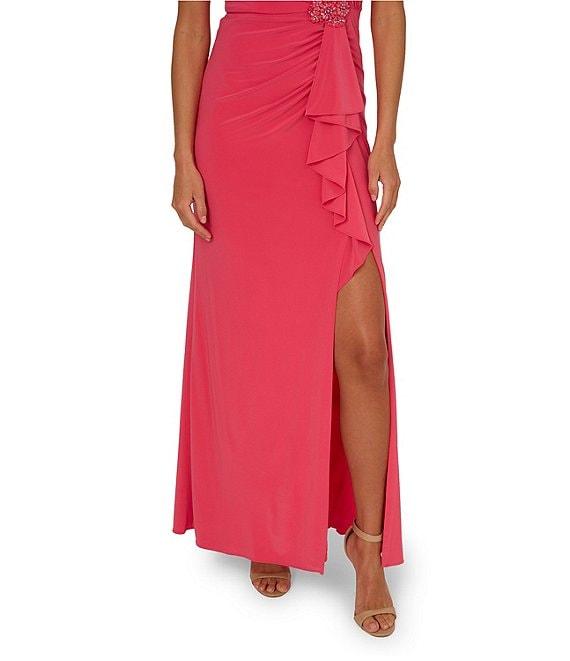 Adrianna Papell Jersey Asymmetrical Neck Sleeveless Ruffle Applique Sheath Gown Product Image