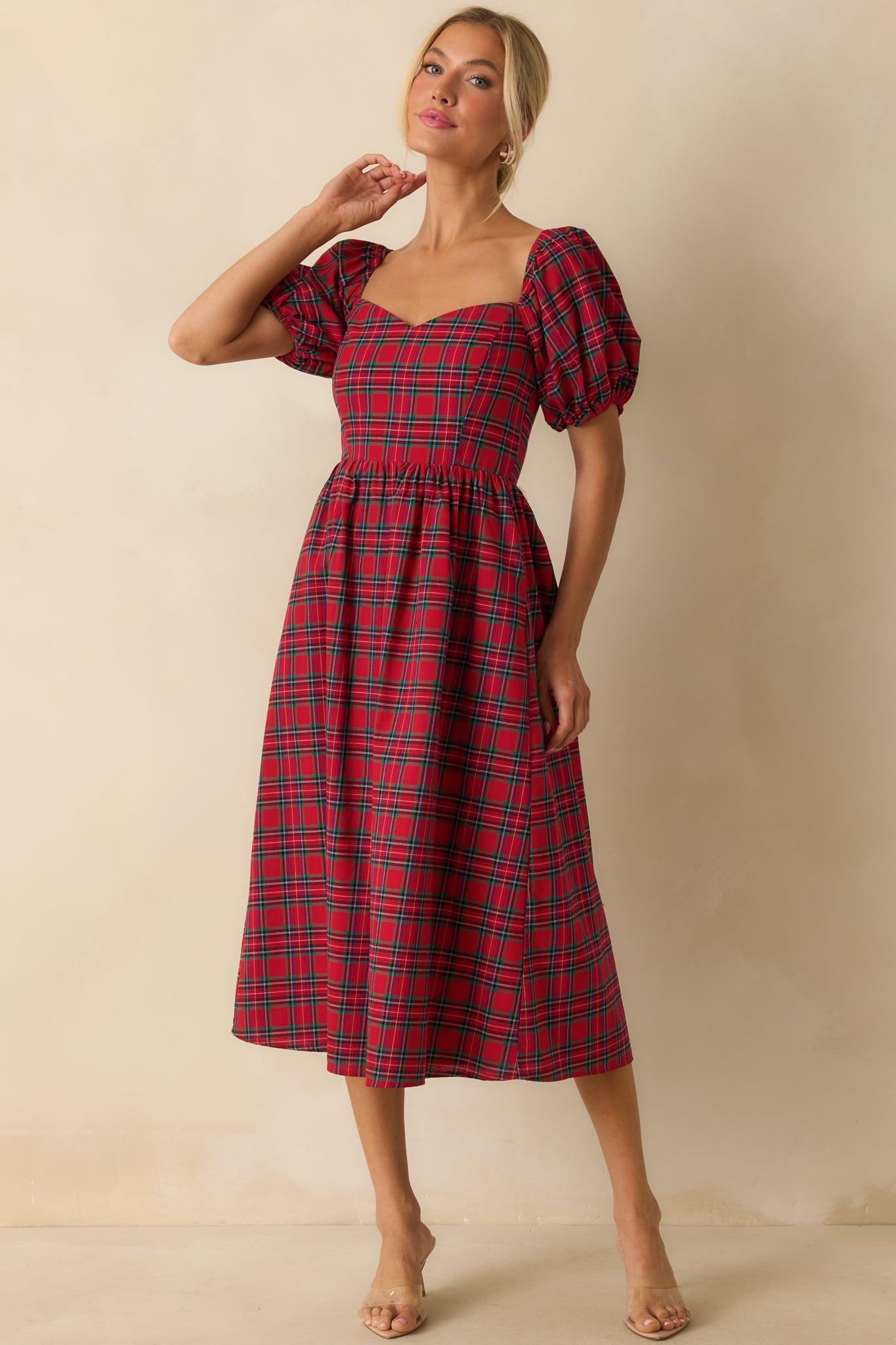 Always You Cotton Red Plaid Puff Sleeve Midi Dress Product Image